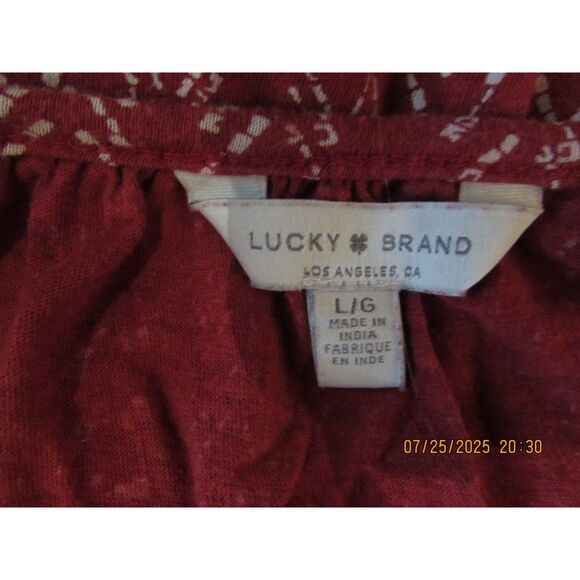 Lucky Brand size L top summer peasant blouse rusty red cotton blend pleated - Picture 5 of 8